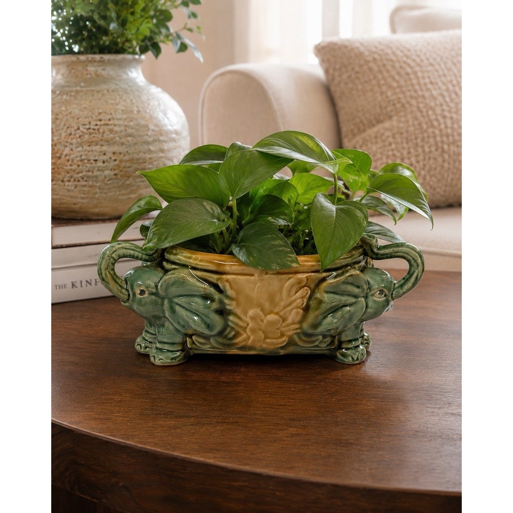Vintage Majolica Elephant Planter Green Glazed Ceramic Cachepot Bowl